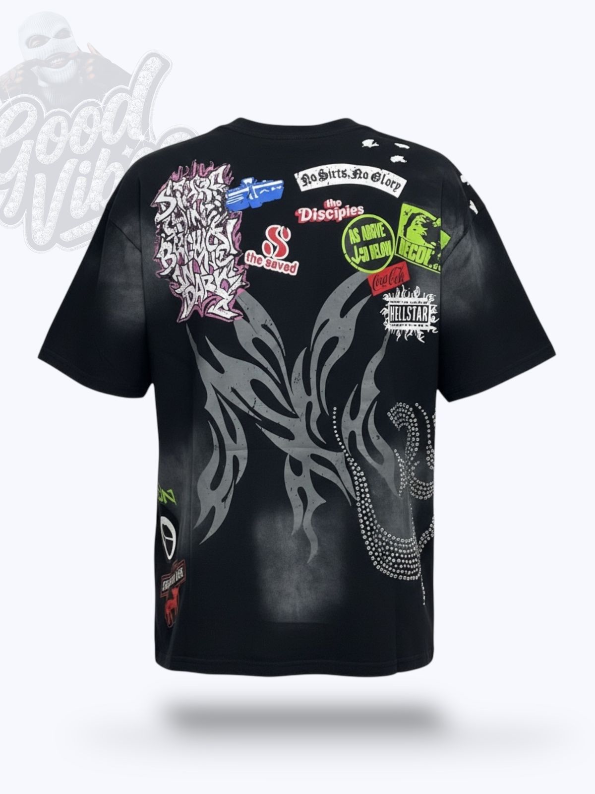 CAMISETA HELLSATR EN PIEDRERIA CUELLO REDONDO.