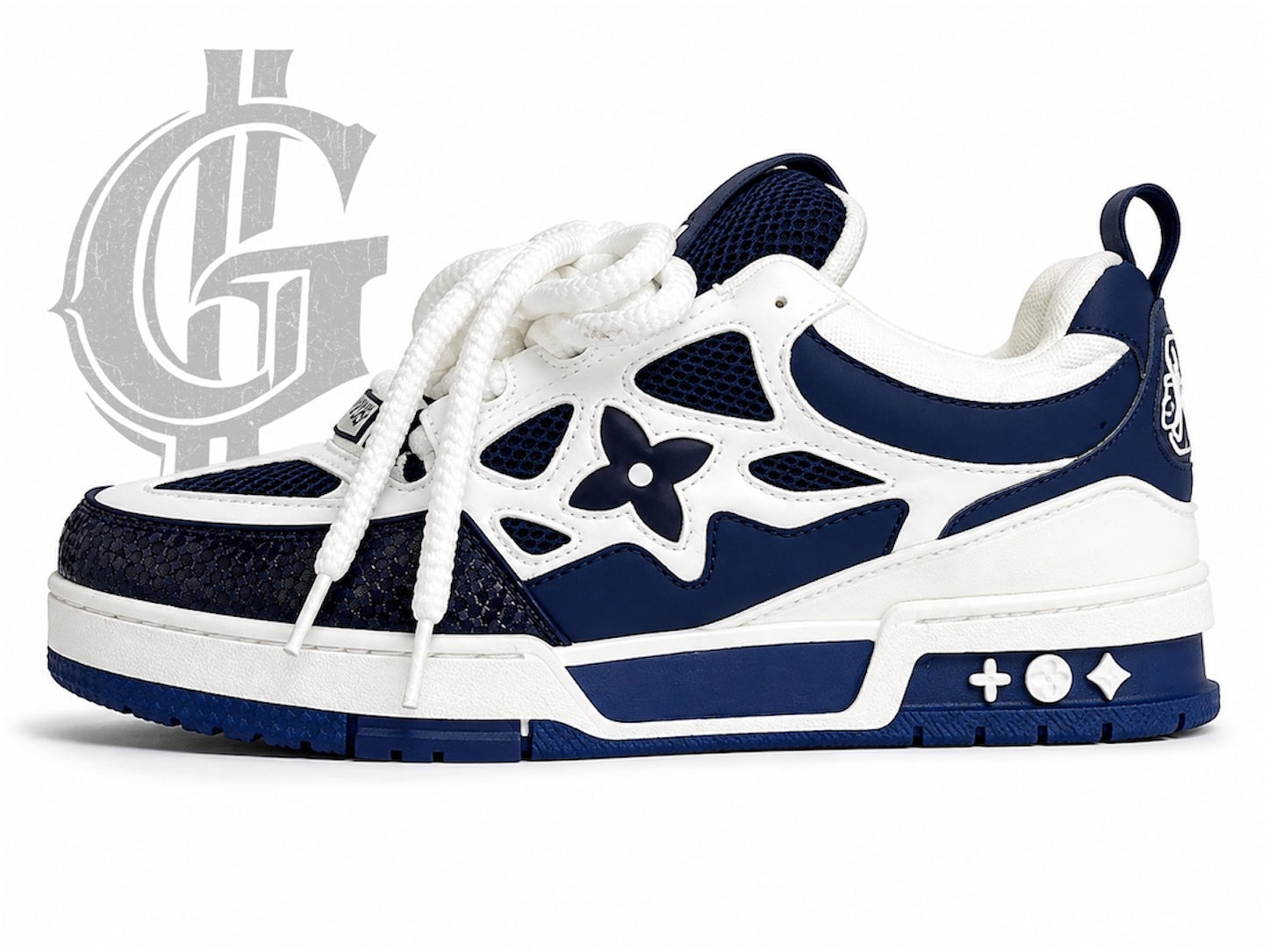 TENIS LV SKATE AZUL CON BLANCO.